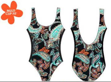 Multicolor patterned swimsuit with 'Multi Cup Fit' text on a white background